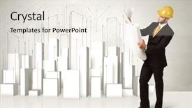  Presentation with buildings - Presentation design consisting of occupational safety - construction worker planing with 3d background and a sky blue colored foreground