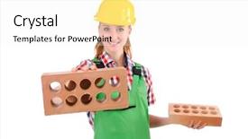  Presentation with white bricks - Beautiful presentation design featuring occupational safety - woman with bricks isolated backdrop and a  colored foreground