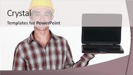  Presentation with laptop - Amazing presentation having occupational safety - young laborer holding laptop backdrop and a light gray colored foreground
