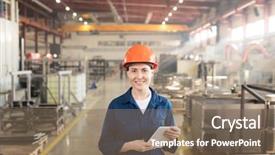  Presentation with industrial engineer - Slide deck with occupational safety specialist - happy female engineer in helmet background and a violet colored foreground