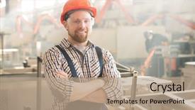  Presentation with cross - Beautiful slide deck featuring occupational safety specialist - happy young cross-armed man backdrop and a coral colored foreground