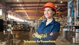  Presentation with blue - Theme with occupational safety specialist - happy young female technician background and a tawny brown colored foreground