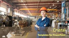  Presentation with worker safety - Colorful PPT theme enhanced with occupational safety specialist - happy young female worker backdrop and a violet colored foreground