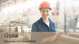  Presentation with worker safety - Beautiful PPT layouts featuring occupational safety specialist - pretty young worker of factory backdrop and a coral colored foreground