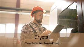  Presentation with industrial engineer - Colorful PPT layouts enhanced with occupational safety specialist - serious young engineer of large backdrop and a coral colored foreground