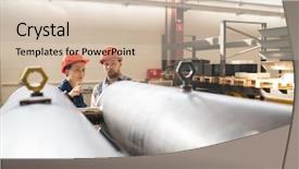  Presentation with pipeline - PPT theme consisting of occupational safety specialist - two young technicians in protective background and a soft green colored foreground