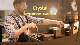  Presentation with industrial machine - Amazing theme having occupational safety specialist - young bearded technician in uniform backdrop and a tawny brown colored foreground