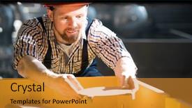  Presentation with industrial machine - Colorful slide deck enhanced with occupational safety specialist - young bearded technician in workwear backdrop and a gold colored foreground