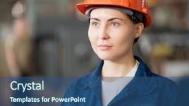  Presentation with blue gears engineering technology backdrop - Colorful slide set enhanced with occupational safety specialist - young pretty female engineer backdrop and a ocean colored foreground