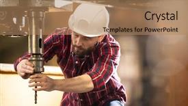  Presentation with industrial machine - Audience pleasing PPT theme consisting of occupational safety specialist - young technician in hardhat backdrop and a coral colored foreground