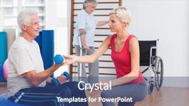  Presentation with man on train - Audience pleasing theme consisting of occupational therapist - female trainer assisting senior man backdrop and a ocean colored foreground