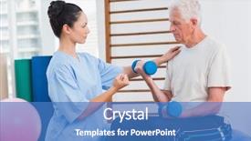  Presentation with trainer - Colorful slides enhanced with occupational therapist - female trainer assisting senior man backdrop and a  colored foreground