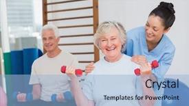  Presentation with trainer - Slides with occupational therapist - portrait of happy senior woman background and a light blue colored foreground