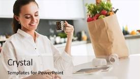  Presentation with strategic planning process - Presentation theme enhanced with occupied - young woman planning expenses background and a soft green colored foreground