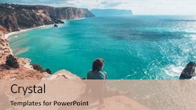  Presentation with mountain hiking - Cool new presentation with ocean - man traveler sitting on mountain backdrop and a soft green colored foreground