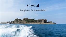  Presentation with artificial island construction - PPT theme consisting of ocean battleship - abandoned hashima island background and a light blue colored foreground