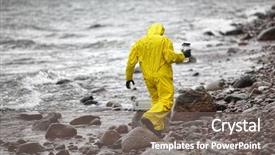  Presentation with plastic container - PPT theme having ocean containers - scientist in protective suit background and a gray colored foreground