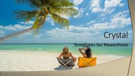  Presentation with holidays - Colorful slide deck enhanced with ocean design - two women enjoying their holidays backdrop and a light blue colored foreground