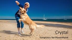  Presentation with older woman - Presentation design consisting of ocean dog - happy older woman playing background and a coral colored foreground