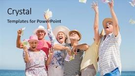  Presentation with money - Audience pleasing PPT theme consisting of ocean economy - senior friends throwing money backdrop and a  colored foreground