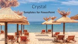  Presentation with destination - Cool new theme with break colored clouds view - ocean wavs and traditional umbrellas backdrop and a light blue colored foreground