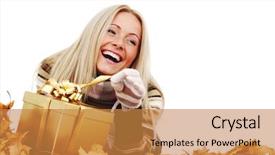  Presentation with good things sometimes take time - Cool new slide deck with october birthday - woman take autumn gift isolated backdrop and a  colored foreground