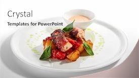  Presentation with main course - Presentation having octopus-and-baked-potato-served background and a white colored foreground