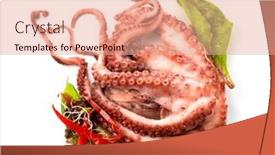  Presentation with mediterranean food - Slide deck with octopus-serving-with-vegetables-sea background and a coral colored foreground