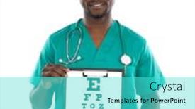  Presentation with vision - Presentation design featuring oculist man with a vision exam chart isolated on a white background background and a cyan colored foreground