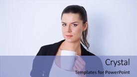  Presentation with woman - Beautiful presentation theme featuring ocupational - woman holding a mug isolated backdrop and a  colored foreground