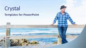  Presentation with next - Audience pleasing slide deck consisting of od - portrait of an od man backdrop and a sky blue colored foreground