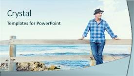  Presentation with next - Audience pleasing slide set consisting of od - portrait of an od man backdrop and a sky blue colored foreground