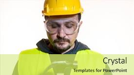  Presentation with start construction - Colorful slides enhanced with odd jobs - do it yourself man dressed backdrop and a yellow colored foreground