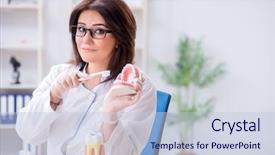  Presentation with implant - PPT theme featuring odontology - woman dentist working on teeth background and a lemonade colored foreground