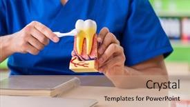  Presentation with odontology - Colorful presentation theme enhanced with odontology - young dentist practicing work backdrop and a coral colored foreground