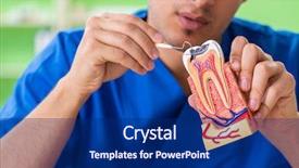  Presentation with odontology - Amazing PPT theme having odontology - young dentist practicing work backdrop and a navy blue colored foreground