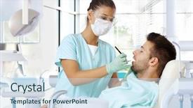  Presentation with dental laser diode - Slides consisting of odontology - young man on dental check-up background and a sky blue colored foreground