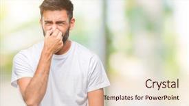 Presentation with bad breath - Theme with odor - adult hispanic man over isolated background and a lemonade colored foreground
