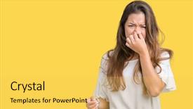  Presentation with bad breath - Colorful PPT layouts enhanced with odor - young beautiful brunette business woman backdrop and a  colored foreground