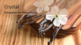  Presentation with dried vanilla pods and flowers - Theme featuring odour - board with dried vanilla sticks background and a  colored foreground