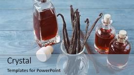  Presentation with vanilla plants - PPT theme enhanced with odour - bottles with aromatic extract background and a light blue colored foreground