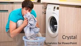  Presentation with laundry - PPT layouts enhanced with odour - young husband man doing laundry background and a coral colored foreground