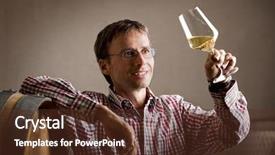  Presentation with wine tasting - Amazing presentation having smiling winemaker looking at glass of white wine during wine tasting leaning on barrel in wine cellar backdrop and a tawny brown colored foreground