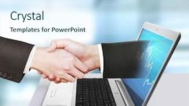  Presentation with shake hand - Presentation design consisting of of the laptop screen background and a sky blue colored foreground