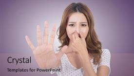  Presentation with smell - PPT theme featuring offense - portrait of a young woman background and a coral colored foreground