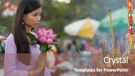  Presentation with pretty girl - PPT theme enhanced with offering of fresh flowers background and a violet colored foreground