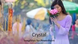  Presentation with pretty girl - Theme with offering of fresh flowers background and a light blue colored foreground