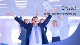  Presentation with business intelligence white robotic arm - Colorful PPT theme enhanced with office - business team celebrating a triumph backdrop and a light blue colored foreground