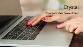  Presentation with bright - Audience pleasing slide deck consisting of lunch sign office - female hands typing on laptop backdrop and a coral colored foreground