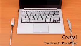  Presentation with cyber stalking computer laptop suffering - Beautiful presentation design featuring lunch sign office - laptop computer with fork backdrop and a coral colored foreground